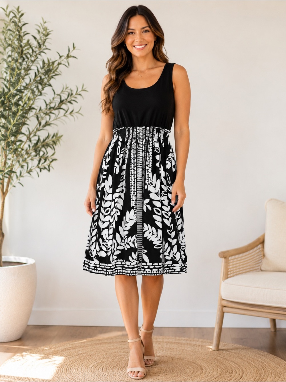 Style & Co. Black and White Sleeveless Floral Midi Dress with Gathered Waist